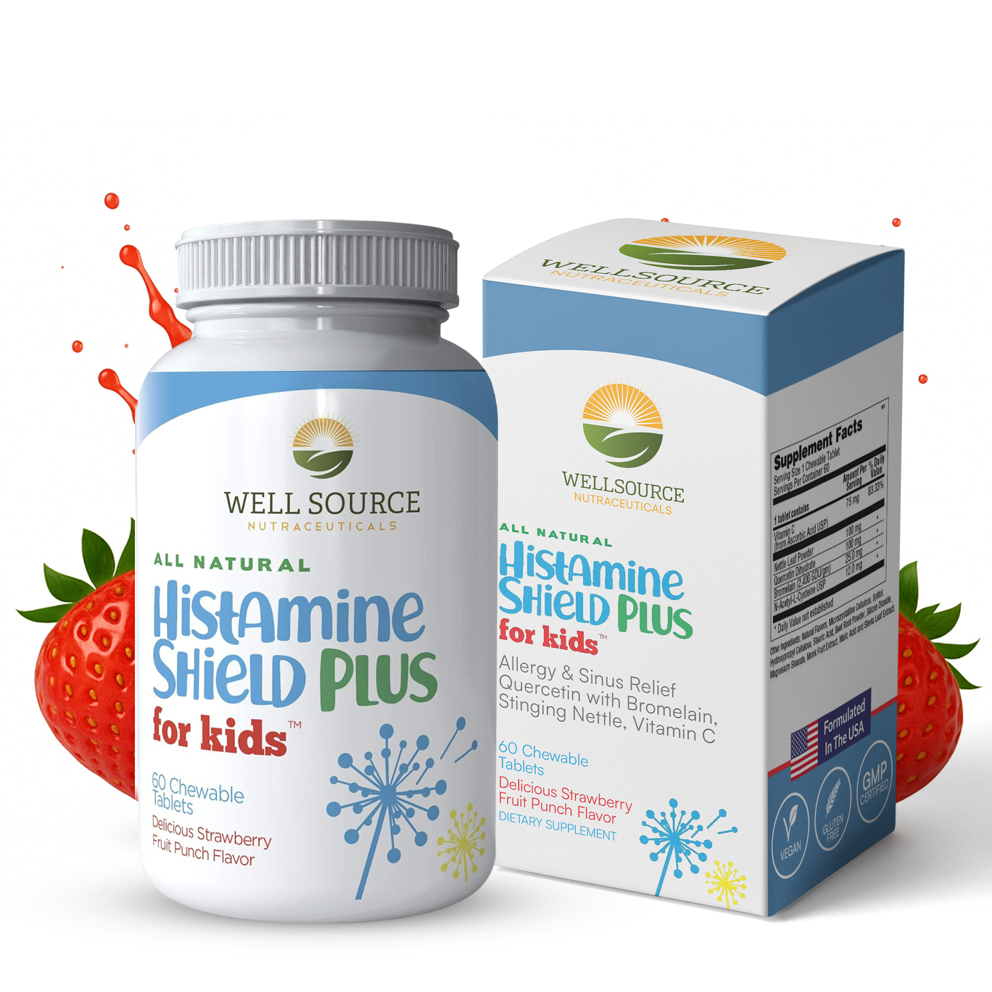 Histamine Shield Plus for Kids® 60CT All Natural AntiHistamine Supplement  Childrens Chewable Strawberry Fruit Punch