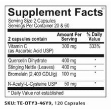 Load image into Gallery viewer, Supplement Facts Label includes - Vitamin C, Quercetin Dihydrate, Stinging Nettle (leaves), Bromelain, N-Acetyl-L-Cysteine USP
